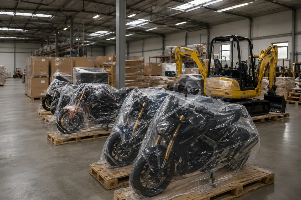 Verpackte Maschinen und Geräte auf Paletten in einer Halle